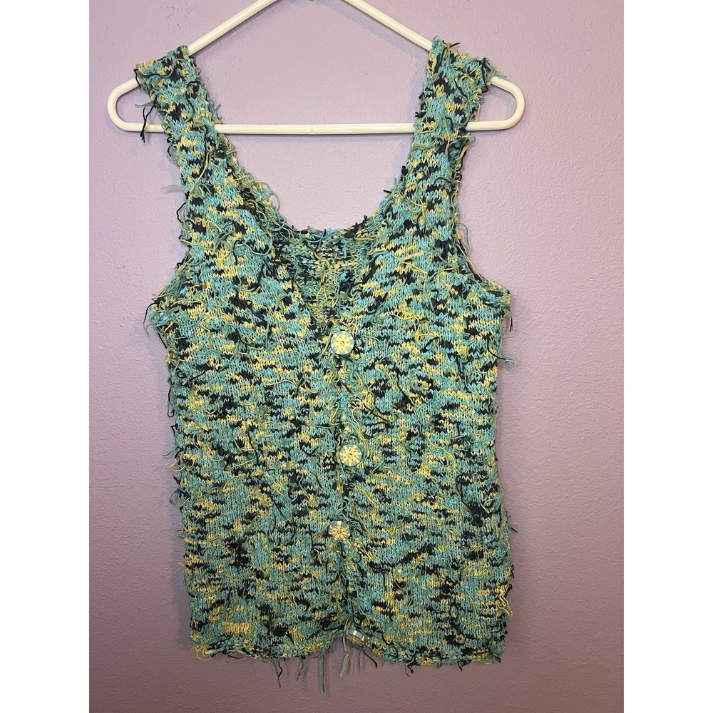 Artsy Blue Yellow Green Button Loose Threaded Sweater Size Medium
